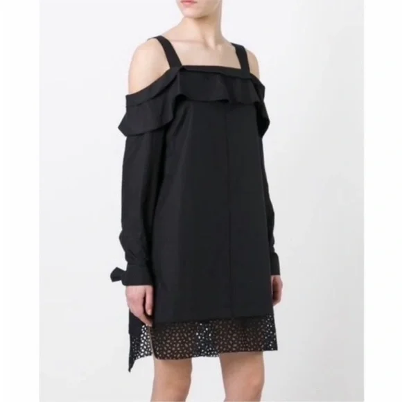 Proenza Schouler Black Cotton Cold
Shoulder Long Sleeve Eyelet Hem Dress 2 - Picture 2 of 7